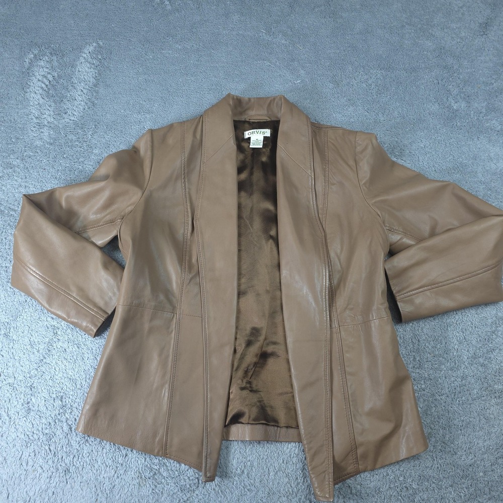 Orvis Jacket Womens Medium Brown Leather 3/4 Sleeve Open Front Lined Blazer